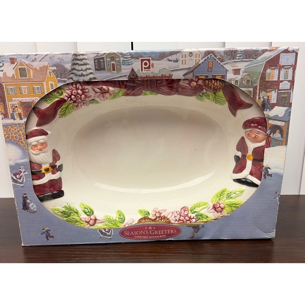 Publix Seasons Greeters Christmas Serving Bowl Large Ceramic Santa NIB Vintage